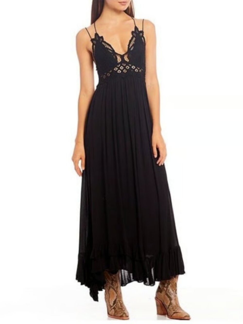 Free People Adella Crochet Floral Lace Ruffle Hem Maxi Dress